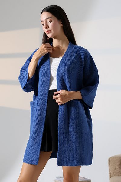 ALCHON V-Neck Ribbed Selanchik Knitted Double Pocket Half 3/4 Sleeve Midi Length Winter Knitwear Cardigan