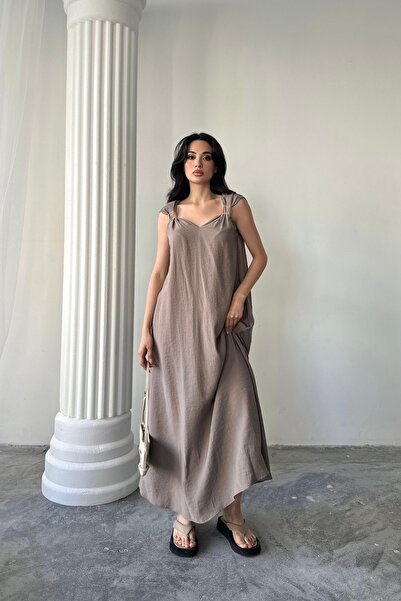 Butik Ariel Kadın Kumaş Gold Tokalı Rahat Kesim Yazlık Elbise