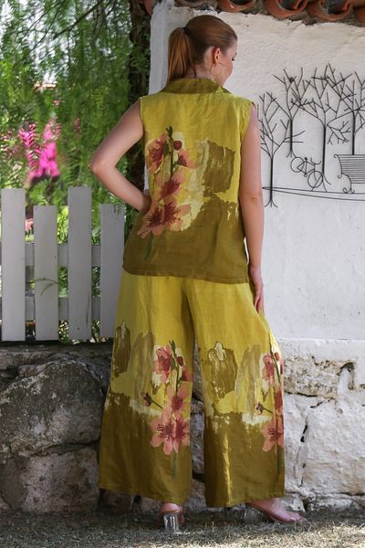 Chiccy Italian Mustard Jacket Collar Sleeveless Pattern Buttoned Pocket Linen Woven Bottom Top Suit 58-120 56-85