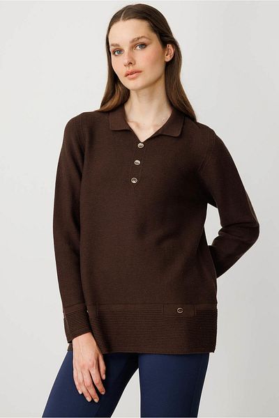 Desen Triko Women's Polo Neck Blouse Brown