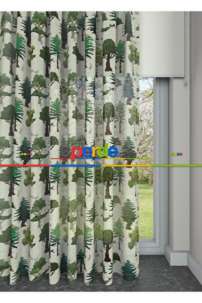 eperde Yeşil Ağaç Desenli Keten Zeminli Baskılı Tül Perde - Normal Pile 160x260