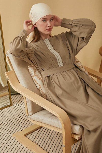 ZÜLAYS Dantelli Nervür Detaylı Elbise Vizon