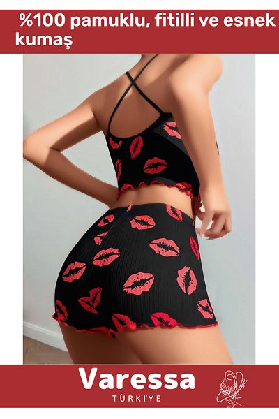 VARESSA Special Design Model 100% Cotton Patterned Ribbed Shorts Bottom Top Comfortable Light Fabric Pajama Set
