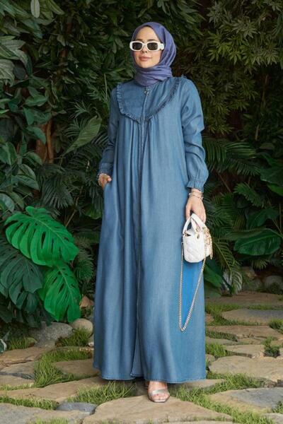 Neways 6619-Denim Fırfırlı Ferace Koyu Mavi