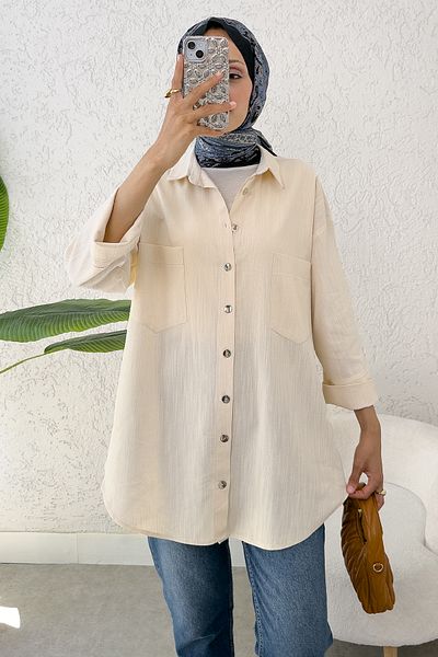 Salih Çelebi Cămașă cu buzunar cu mânecă kimono 2344 - CULOARE PIATRĂ