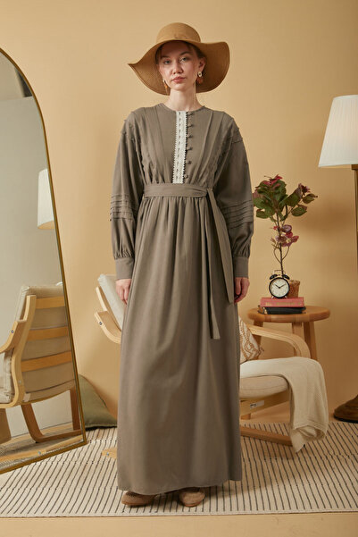 ZÜLAYS Dantelli Nervür Detaylı Elbise Toprak