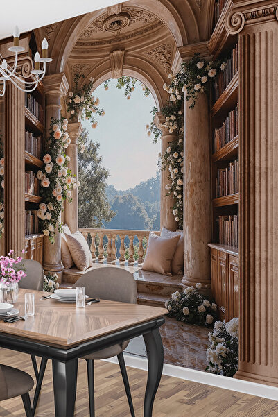 dreamwall Sütunlu Teras ve Kitaplık Desenli Duvar Kağıdı