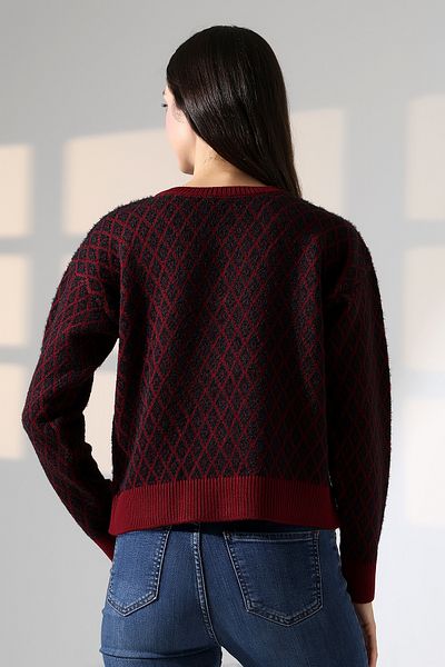 ALCHON Round Neck Long Sleeve Buttoned Diamond Jacquard Patterned Furry Soft Textured Knitwear Cardigan