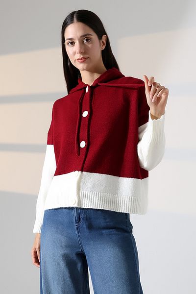 ALCHON V-Neck Hooded Lace-Up Long Sleeve Two-Color Panel Button Soft Texture Design Stylish Knitwear Cardigan