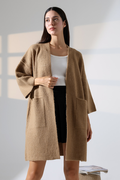 ALCHON V-Neck Ribbed Thessaloniki Knit Double Pocket Half 3/4 Sleeve Midi Length Winter Knitwear Cardigan