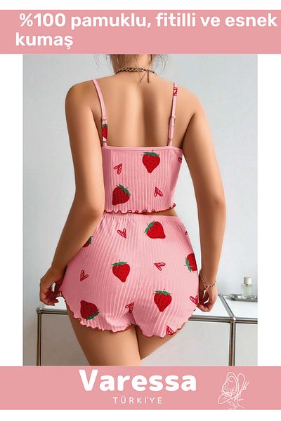 VARESSA Special Design Model 100% Cotton Comfortable and Light Fabric Patterned Ribbed Strap Shorts Pajama Set