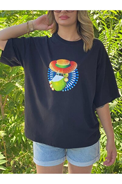 Afri تي شيرت نسائي أسود كبير الحجم مطبوع - نمط جوز الهند، قطن مريح