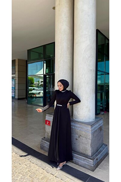 moda zeynaa YAKA VE BEL TAŞ DETAYLI ÖRME CREP ELBİSE