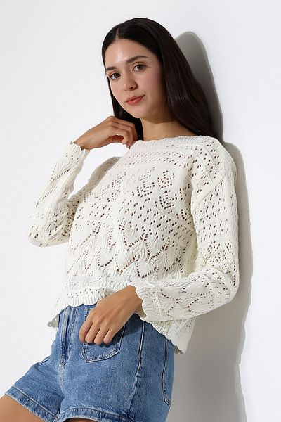 ALCHON Kayak Wide Wave Collar Long Sleeve Openwork Hollowed Out Walked Flower Pattern Spring Knitwear Sweater