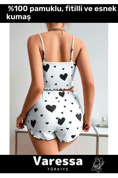 VARESSA Special Design Model 100% Cotton Patterned Stylish Elegant Flexible Comfortable Ribbed Strap Shorts Pajama Set