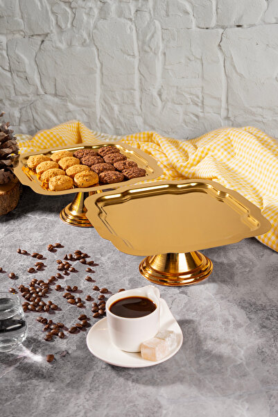 NEWTREND Züccaciye Luxury 2-Piece Daisy Gold Footed Cake, Cake, Cookie, Dessert, Treat, Dowry Presentation Serving Stand