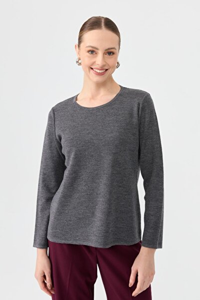 Desen Triko Women's Crew Neck Long Sleeve Basic Wool Blouse A.Smoked