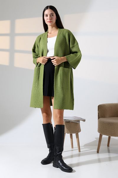 ALCHON V-Neck Ribbed Selanchik Knitted Double Pocket Half 3/4 Sleeve Midi Length Winter Knitwear Cardigan