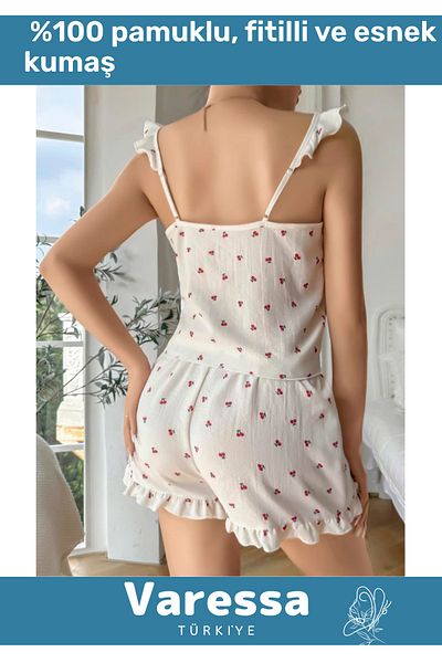 VARESSA Special Series Design Model 100% Cotton White Cherry Patterned Strap Shorts Pajama Set