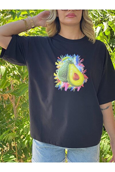Afri تي شيرت نسائي كبير الحجم مطبوع عليه أفوكادو باللون الأسود - قصة صيفية مر...