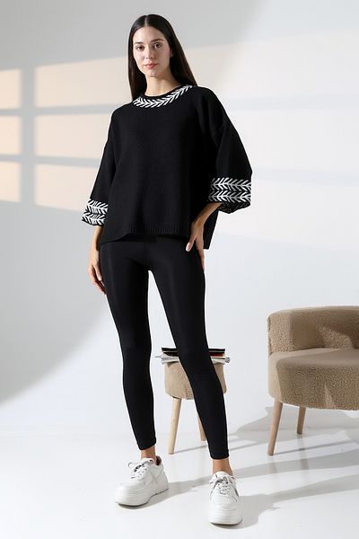 ALCHON Gât rotund, cu mâneci jumate 3/4, cu model, panou jacquard, lejer, confortabil, de bază, elegant, elegant, tricotaj, pulover