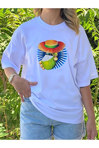 Afri تي شيرت نسائي أبيض كبير الحجم مطبوع - نمط جوز الهند، قطن مريح