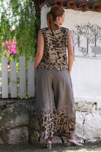Chiccy Italian Mink V-Neck Sleeveless Patterned Buttoned Pocket Linen Woven Bottom Top Set 58-118 56-83
