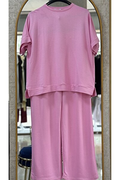 FA Butiq Women's Pique Wide Leg Short Sleeve Pink Tracksuit Set