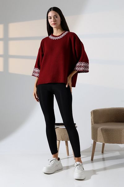 ALCHON Round Neck Half 3/4 Sleeve Patterned Jacquard Panel Loose Comfortable Basic Stylish Elegant Knitwear Sweater