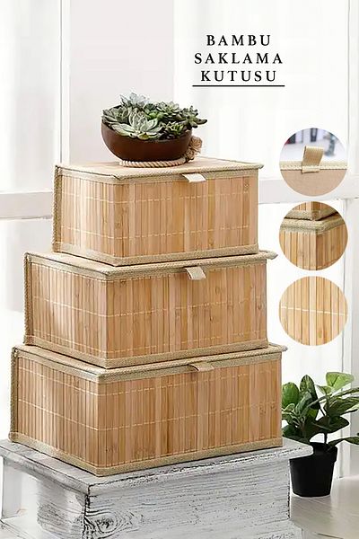 AVŞA Global 3-Piece Decorative Bamboo Storage Box with Lid - Multi-Purpose Organizer - Natural Bamboo Basket Set