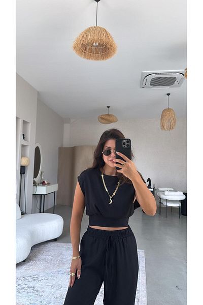 Buket Teke Black Belt Detailed Trousers Blouse Set