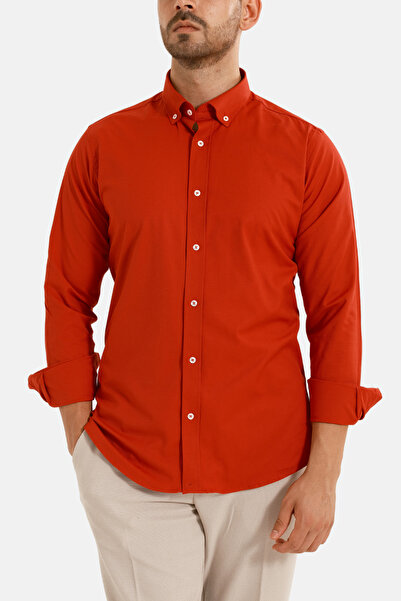 alenmeza Erkek Kırmızı Oxford Düğmeli Yaka Pamuk Likra Slim Fit Casual Cepsiz Gömlek