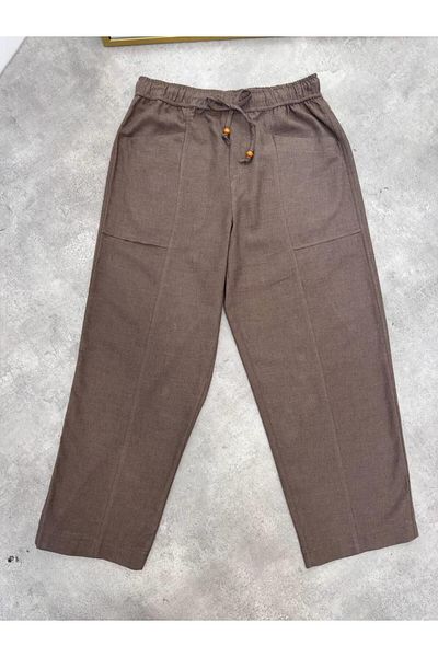 Maldia Shop Women's Elastic Waist Aegean Brown Oversize Linen Trousers