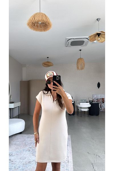 Buket Teke Beige Polo Neck Striped Dress