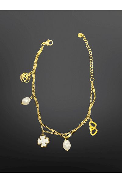 FM Gold Color Chain Pearl Model 316L Steel Elegant Bracelet with Lucky Clover and Heart Charm