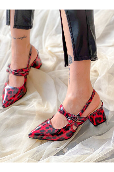 BERFONA Veroni̇ka Red Leopard Patent Leather Banded Buckle 5 cm Heel Sandals