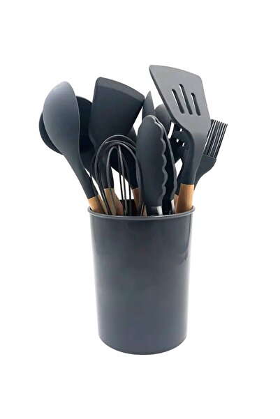Aptel Set of 12 kitchen utensils, wood/silicone, dark gray