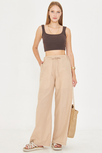 armonika Pantaloni largi căptușiți pentru femei, cu aspect de in bej, cu talie elastică, buzunare, cu detaliu de șireturi Arm-25y001078