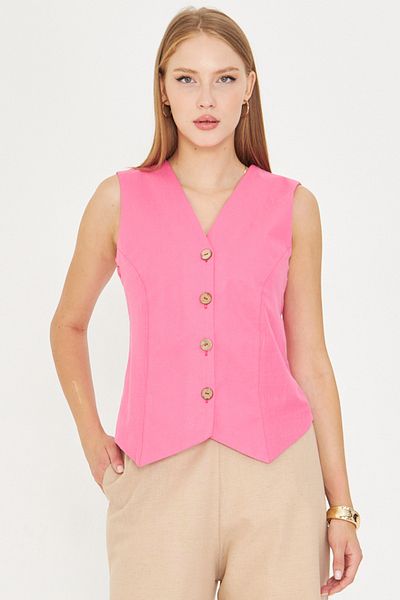 armonika Women's Pink V-Neck Body Fitting Linen Look Lined Vest Arm-24Y001111
