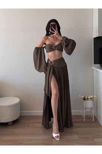 LOCH BUTİK Women's Gathered Brown Buckle Skirt Suit