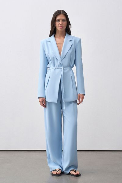 mathilda store Women's Blue Noir Double Breasted Collar Rope Belt Jacket Palazzo Pants Suit