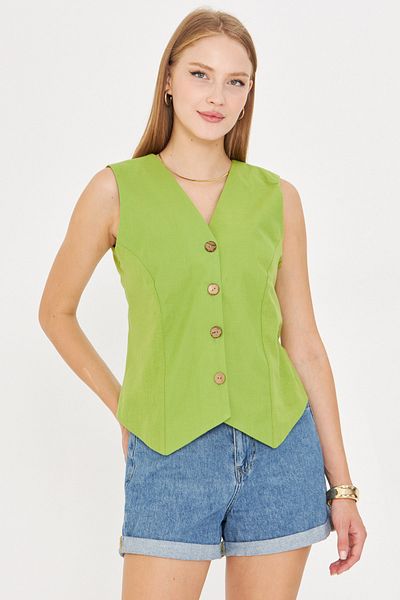 armonika Women's Pistachio Green V-Neck Body Fitting Linen Look Lined Vest Arm-24Y001111