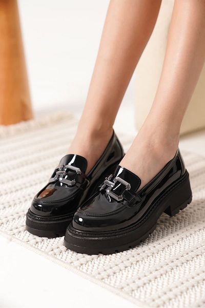 MarjinalTrendim Terry Patent Leather Black Women's Loafer