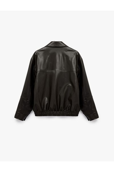 Koton Zippered Long Sleeve Pocket Detailed Faux Leather Oversize Jacket