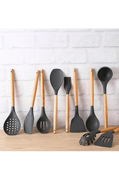 Aptel Set of 12 kitchen utensils, wood/silicone, dark gray
