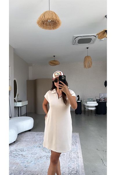 Buket Teke Beige Polo Neck Striped Dress