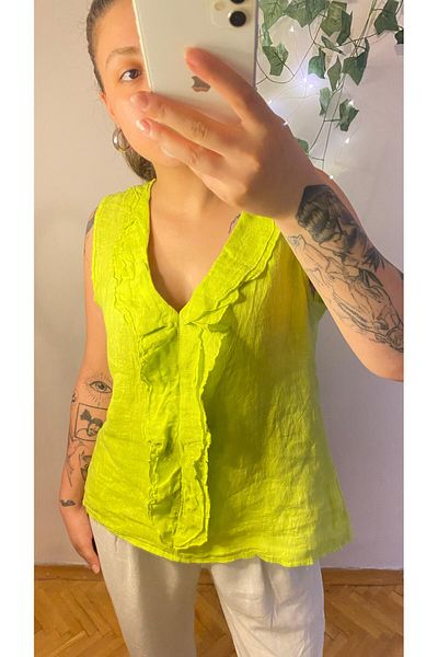 aSSa Italian Sleeveless Ruffle Linen Bluz