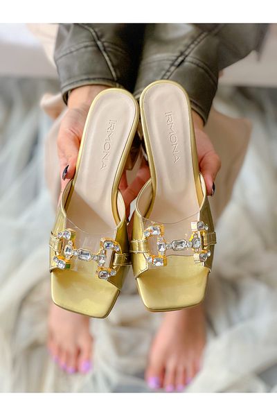 BERFONA Berfi̇ Gold Rugan Stone 7 cm Heelled Slippers
