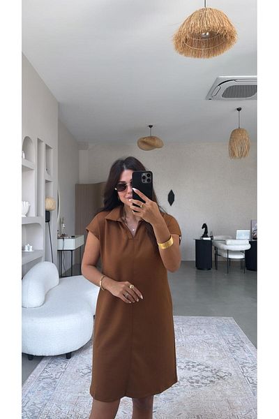 Buket Teke Brown Polo Neck Striped Dress