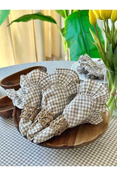 Decamor home 6Pcs Thin Linen Fabric Beige Gingham Ruffle Fabric Napkin